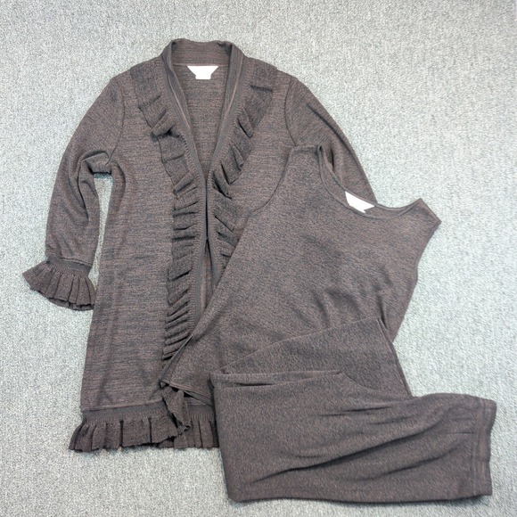 Misook Size XS/S 3pc Knit Set Ruffle Cardigan Tank Pants Brown Black Marled — photo 2